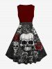 Robe Costume D'Halloween Vintage Crâne Fleur Imprimées de Grande Taille - Rouge foncé 5X