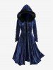 Manteau grande taille à fermeture éclair intégrale, boutons brandebourg, velours texturé pailleté, bordure en fourrure, capuche et manches longues - Bleu profond M | US 10