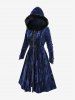Manteau grande taille à fermeture éclair intégrale, boutons brandebourg, velours texturé pailleté, bordure en fourrure, capuche et manches longues - Bleu profond M | US 10