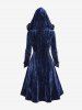 Manteau grande taille à fermeture éclair intégrale, boutons brandebourg, velours texturé pailleté, bordure en fourrure, capuche et manches longues - Bleu profond M | US 10