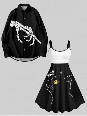 Halloween Costume Cat Letters Two Tone Skeleton Print Plus Size Matching Set For Couples - MULTI-A