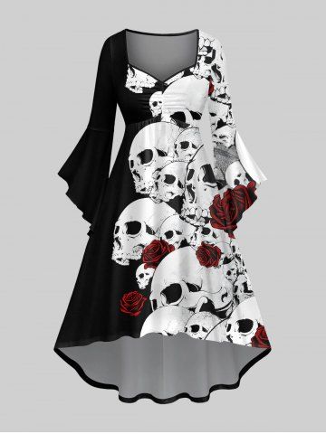 Robe Asymétrique Costume D'Halloween Rose Crâne Imprimée Grande Taille à Volants - BLACK - 3X