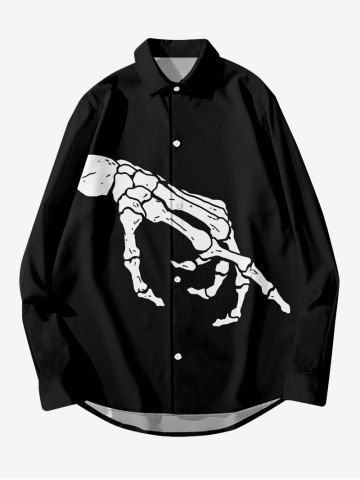 Plus Size Skeleton Hand Print Halloween Button Shirt For Men - BLACK - XL
