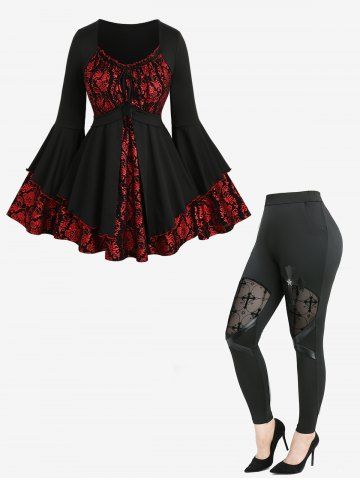 Gothic Halloween Vampire Costume Floral Stamping Glitter Knitted Patchwork Cinched Ruffles Bell Sleeves Top and Leggings Plus Size Outfit - DEEP RED