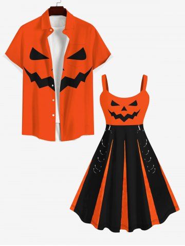 Halloween Costume Pumpkin Colorblock Print Plus Size Matching Outfit For Couples - ORANGE