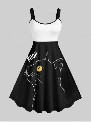 Plus Size Cat Letters Two Tone Print Halloween Costume A Line Tank Dress - MULTI-A - M