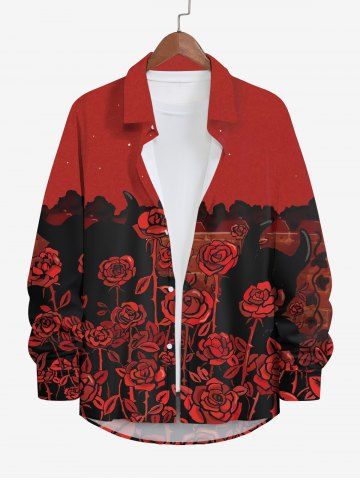 Plus Size Rose Flower Galaxy Print Halloween Button Shirt For Men - RED - M