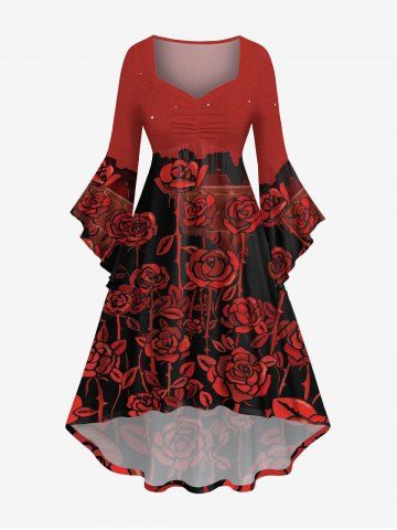 Plus Size Rose Flower Galaxy Print Halloween Costume Ruched High Low Asymmetric Dress - RED - S