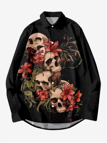 Plus Size Skull Flower Leaf Branch Print Halloween Button Shirt For Men
