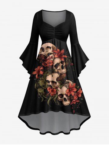 Plus Size Skull Flower Leaf Branch Print Halloween Costume Ruched High Low Asymmetric Dress - BLACK - XS