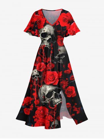 Plus Size Halloween Costume Rose Flower Skulls Print Split Midi Dress - RED - 3X