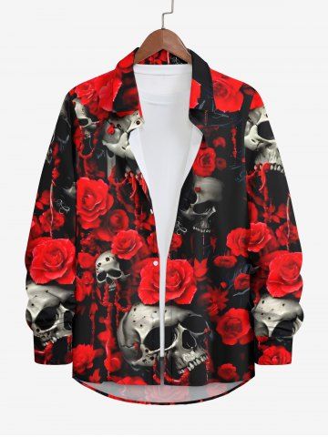 Plus Size Halloween Costume Rose Flower Skulls Print Buttons Long Sleeve Shirt For Men - RED - M