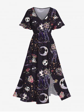 Plus Size Halloween Costume Skulls Rose Flower Moon Heart Bride and Bridegroom Print Split Midi Dress - BLACK - 3X