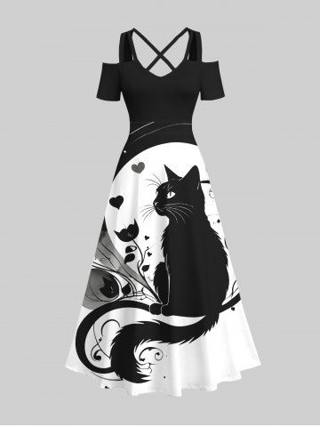 Plus Size Cat Heart Flower Ghost Print Halloween Costume Crisscross A Line Maxi Dress - BLACK - L