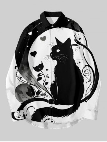 Plus Size Cat Heart Flower Ghost Print Halloween Buttons Shirt For Men - WHITE - M