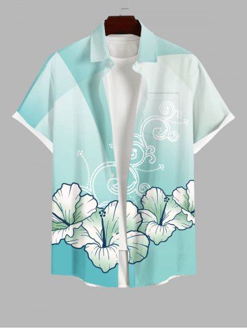 Plus Size Flower Curve Branch Print Hawaii Ombre Button Pocket Shirt For Men - GREEN - S