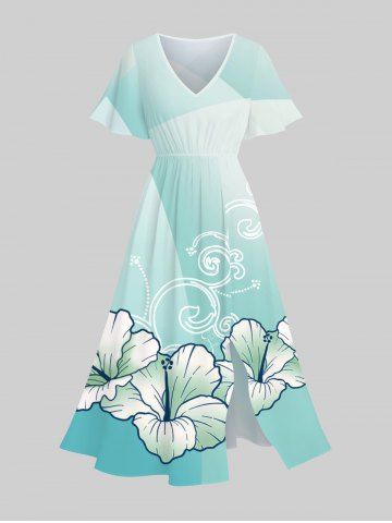 Robe Mi-Longue Décontractée Boutonnée Fleur Imprimée avec Poche - GREEN - S