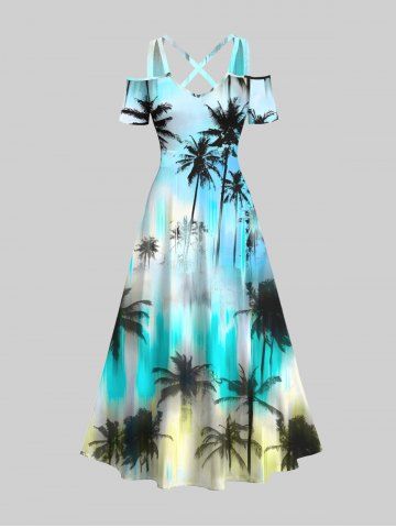 Robe longue hawaïenne grande taille à imprimé colorblock ombré cocotier, épaules dénudées et croisées - MULTI-A - M