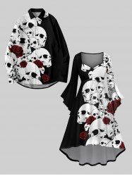 Ensemble Costume D'Halloween Imprimé Crâne et Rose Grande Taille pour Couples - Noir 