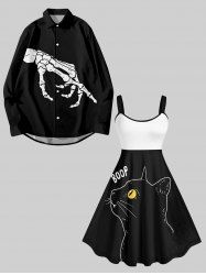 Halloween Costume Cat Letters Two Tone Skeleton Print Plus Size Matching Set For Couples -  