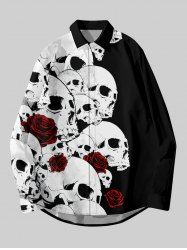Plus Size Skull Rose Flower Print Halloween Button Shirt For Men -  