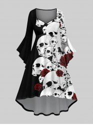 Robe Asymétrique Costume D'Halloween Rose Crâne Imprimée Grande Taille à Volants - Noir S