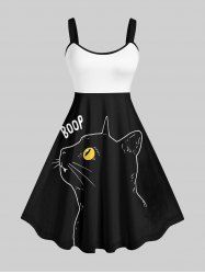 Robe Ligne A Costume D'Halloween Bicolore Lettre et Chat Imprimés de Grande Taille - Multi-A 5X