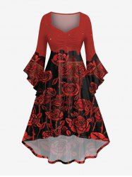 Robe Asymétrique Costume D'Halloween Rose et Galaxie Imprimés de Grande Taille à Volants - Rouge 3X