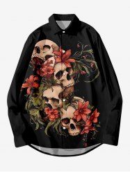 Plus Size Skull Flower Leaf Branch Print Halloween Button Shirt For Men -  