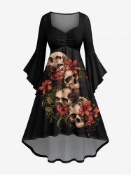 Robe D'Halloween Costume Asymétrique Feuille Fleur Imprimées Grande Taille à Volants - Noir 2X
