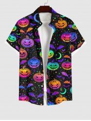 Plus Size Halloween Costume Colorful Pumpkin Bat Moon Star Print Buttons Pocket Shirt For Men -  