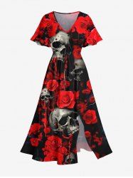 Robe Costume D'Halloween Mi-Longue Fendue Rose et Crâne Imprimées de Grande Taille - Rouge 1X