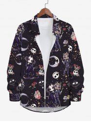 Plus Size Halloween Skulls Rose Flower Moon Heart Bride and Bridegroom Print Buttons Long Sleeve Shirt For Men -  