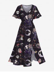 Plus Size Halloween Costume Skulls Rose Flower Moon Heart Bride and Bridegroom Print Split Midi Dress -  