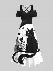Plus Size Cat Heart Flower Ghost Print Halloween Costume Crisscross A Line Maxi Dress -  