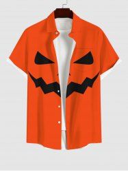 Plus Size Halloween Costume Pumpkin Face Print Buttons Pocket Shirt For Men -  