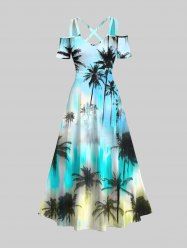 Plus Size Coconut Tree Ombre Colorblock Print Cold Shoulder Crisscross Hawaii Maxi Dress -  
