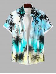Plus Size Coconut Tree Ombre Colorblock Print Buttons Pocket Hawaii Shirt For Men -  