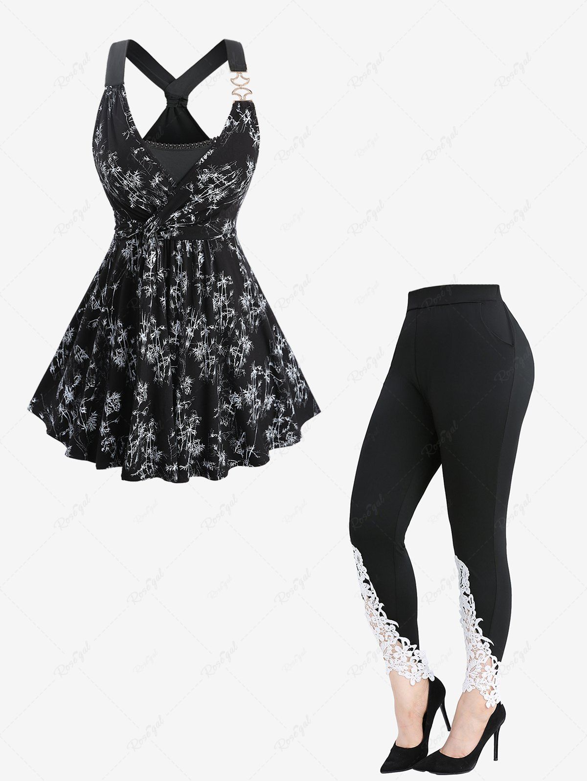 Shops Bamboo Print Crossover 2 in 1 Y Strap Back Tank Top and Appliques Lace Leggings Plus Size Outfit  