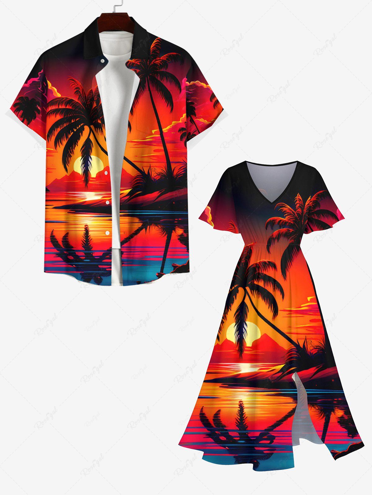 Fancy Coconut Tree Sunset Sea Mountain Cloud Ombre Print Plus Size Matching Hawaii Beach Outfit For Couples  