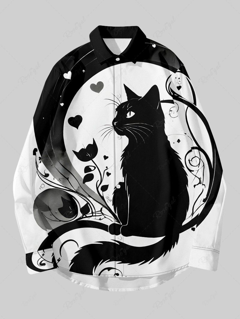 Buy Plus Size Cat Heart Flower Ghost Print Halloween Buttons Shirt For Men  
