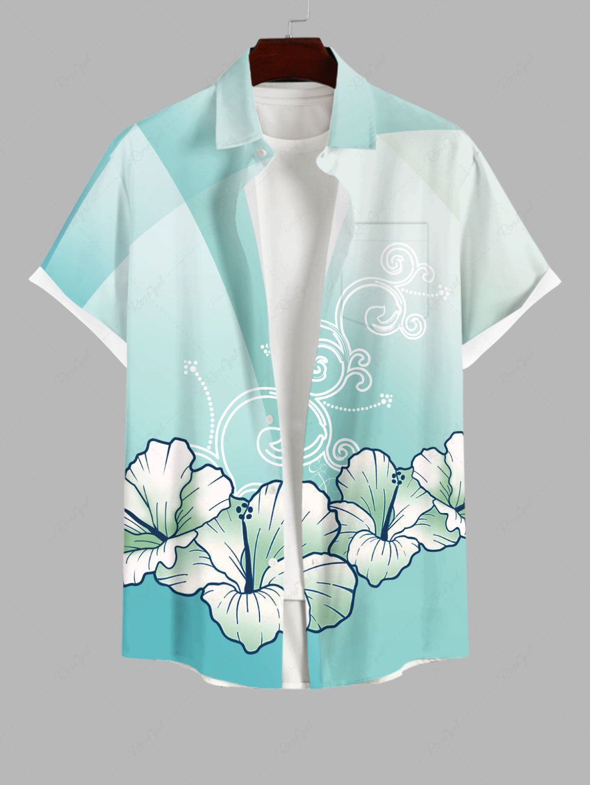 Chic Plus Size Flower Curve Branch Print Hawaii Ombre Button Pocket Shirt For Men  
