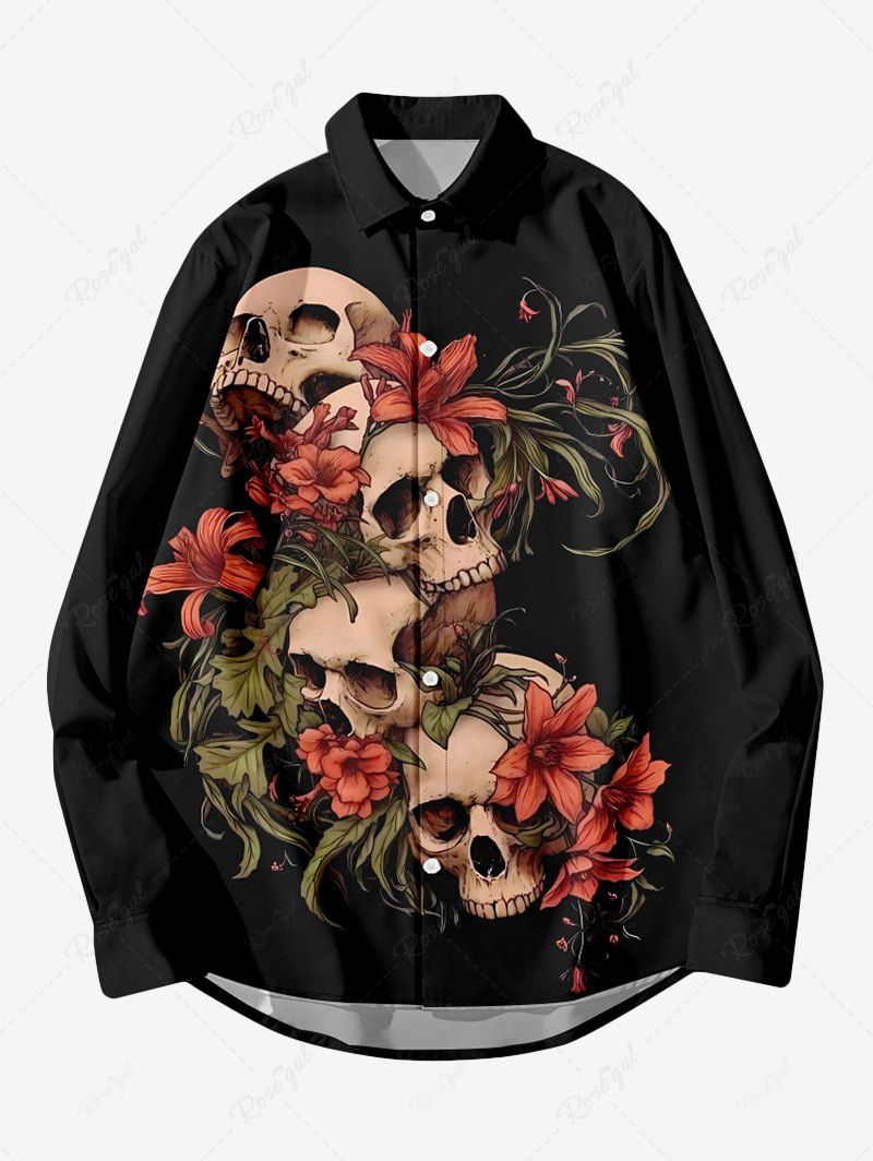 Online Plus Size Skull Flower Leaf Branch Print Halloween Button Shirt For Men  