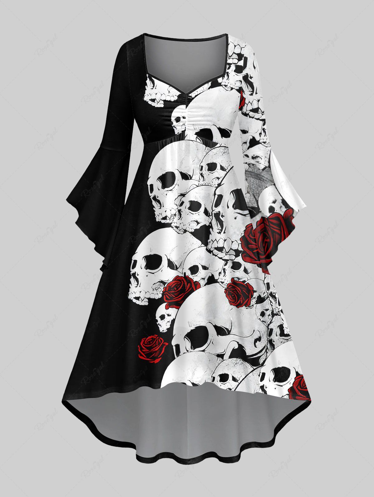 Robe Asymétrique Costume D'Halloween Rose Crâne Imprimée Grande Taille à Volants Noir XS