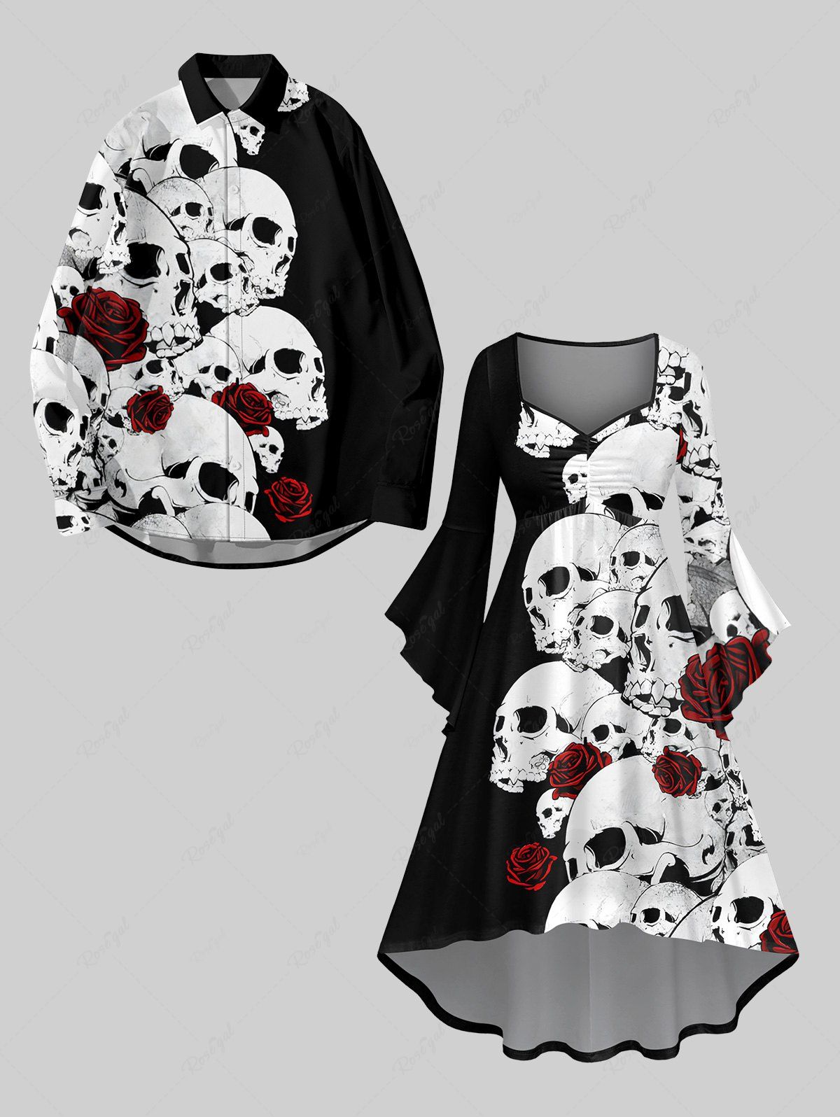 Ensemble Costume D'Halloween Imprimé Crâne et Rose Grande Taille pour Couples Noir 