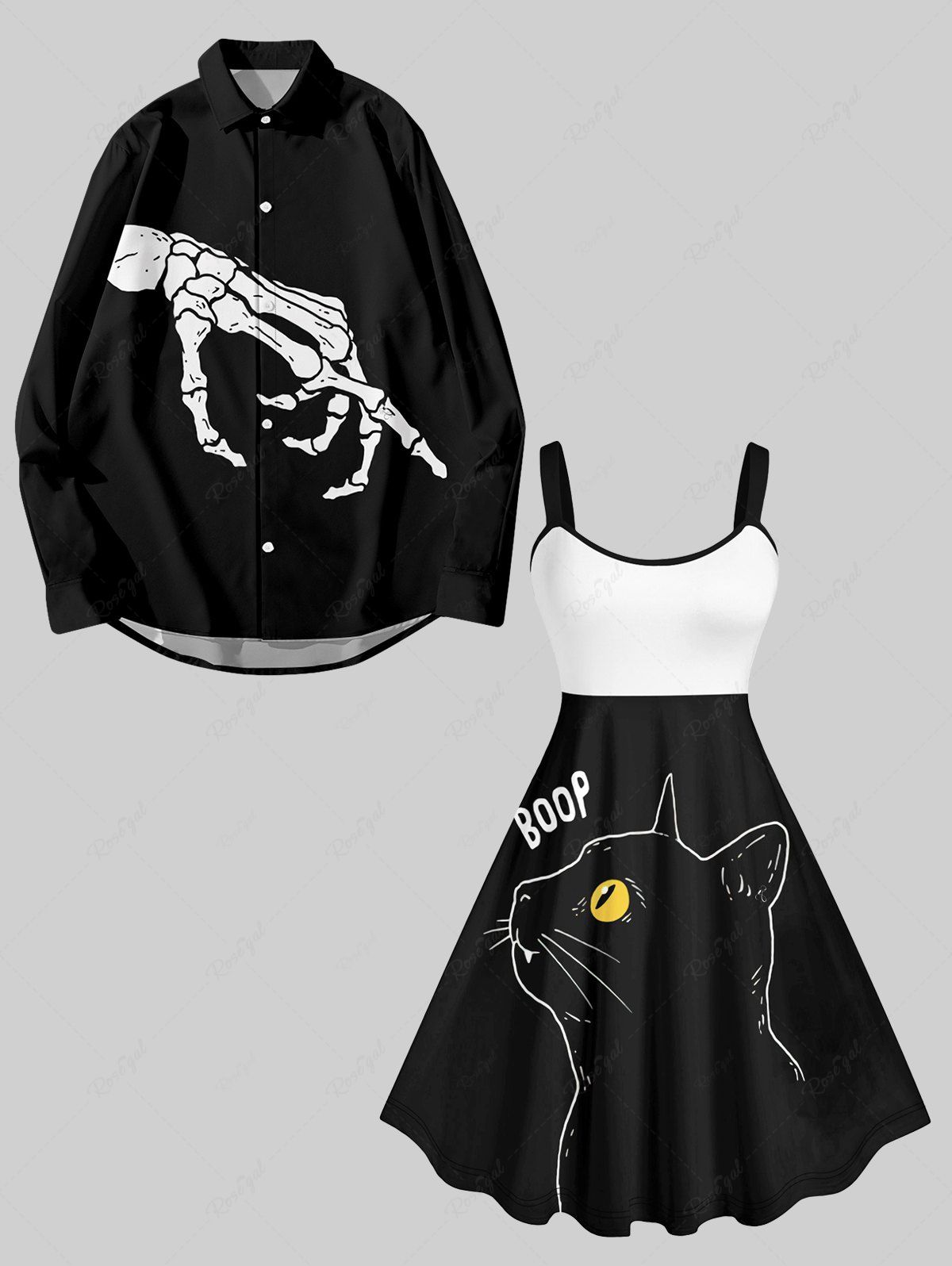 Discount Halloween Costume Cat Letters Two Tone Skeleton Print Plus Size Matching Set For Couples  