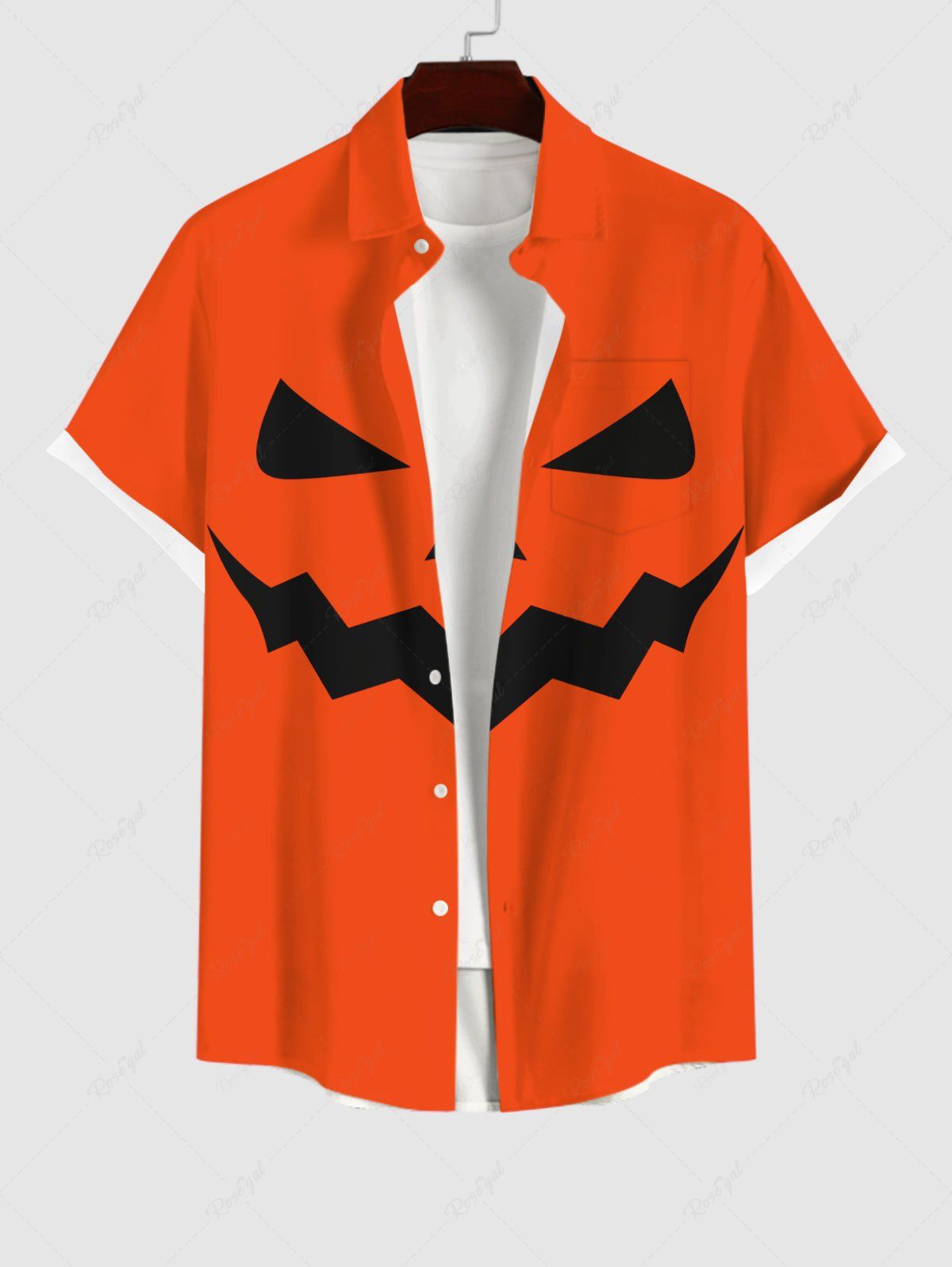 Chemise Costume D'Halloween Citrouille Imprimée avec Poche de Grande Taille avec Boutons Orange Foncé 2XL