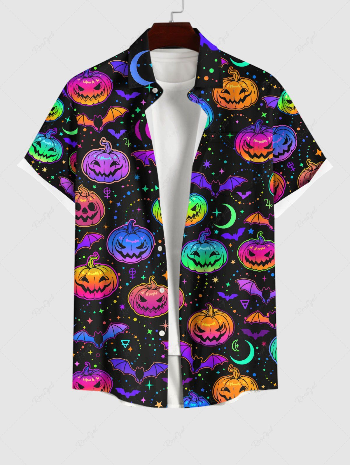 Hot Plus Size Halloween Costume Colorful Pumpkin Bat Moon Star Print Buttons Pocket Shirt For Men  
