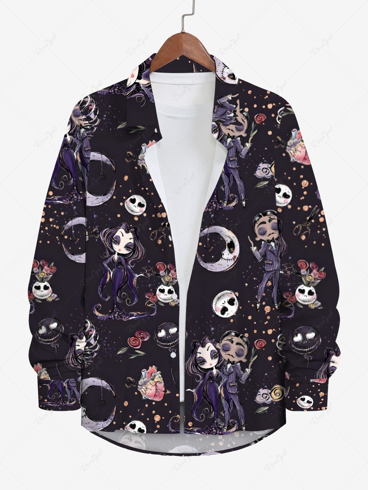 New Plus Size Halloween Skulls Rose Flower Moon Heart Bride and Bridegroom Print Buttons Long Sleeve Shirt For Men  