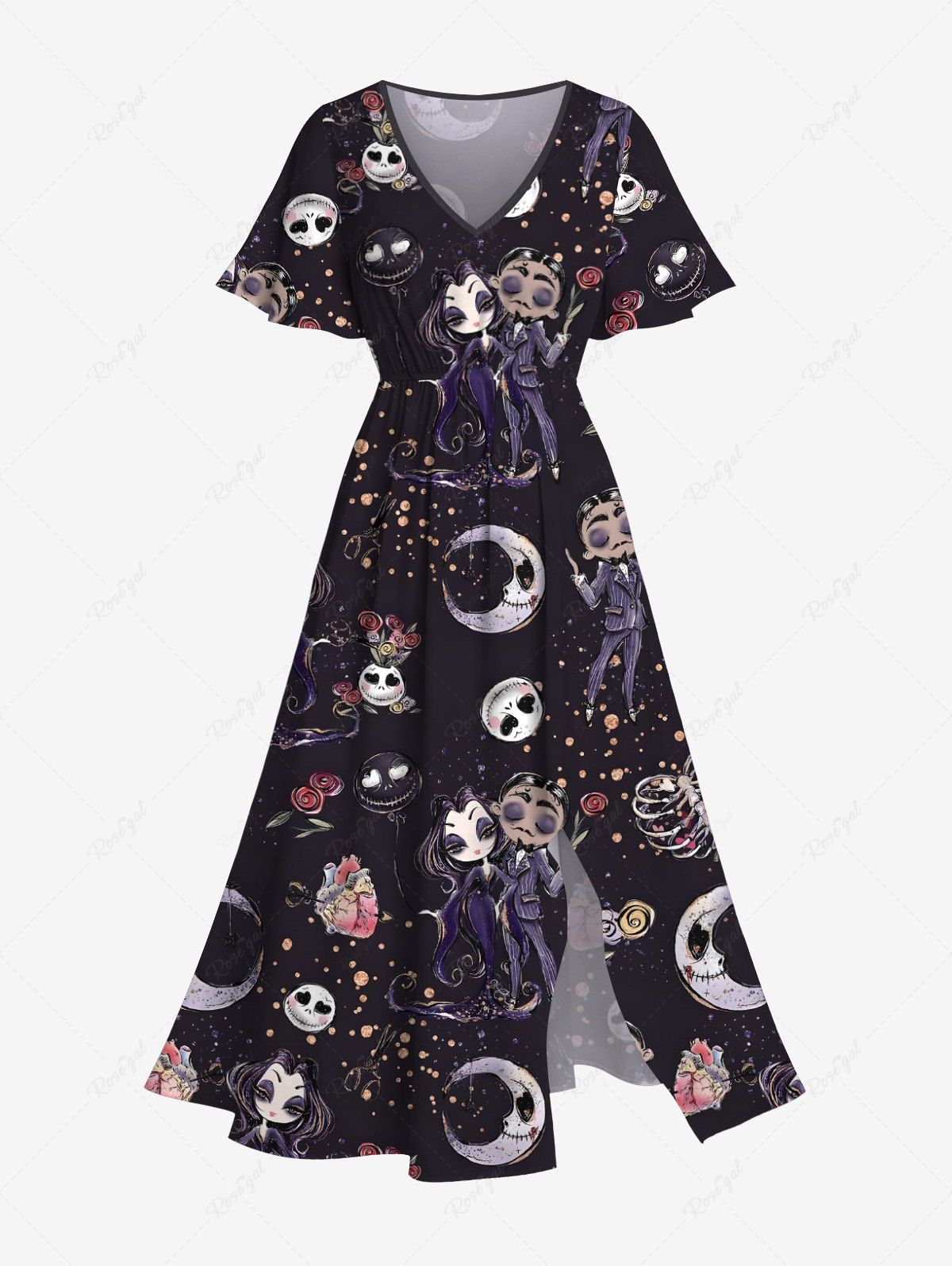 Cheap Plus Size Halloween Costume Skulls Rose Flower Moon Heart Bride and Bridegroom Print Split Midi Dress  